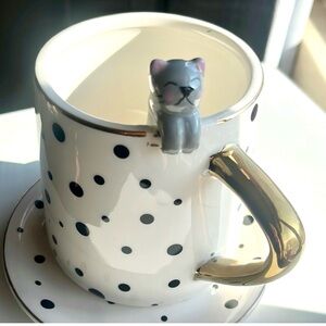 NEW Polka Dot Cat Accent Mug with Gold Handle and